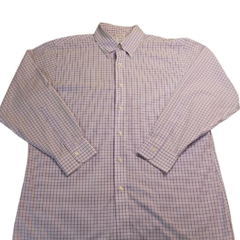 Brooks Brothers Shirt Mens 16.5-32 Purple Check Regular Non-Iron Stretch Supima
